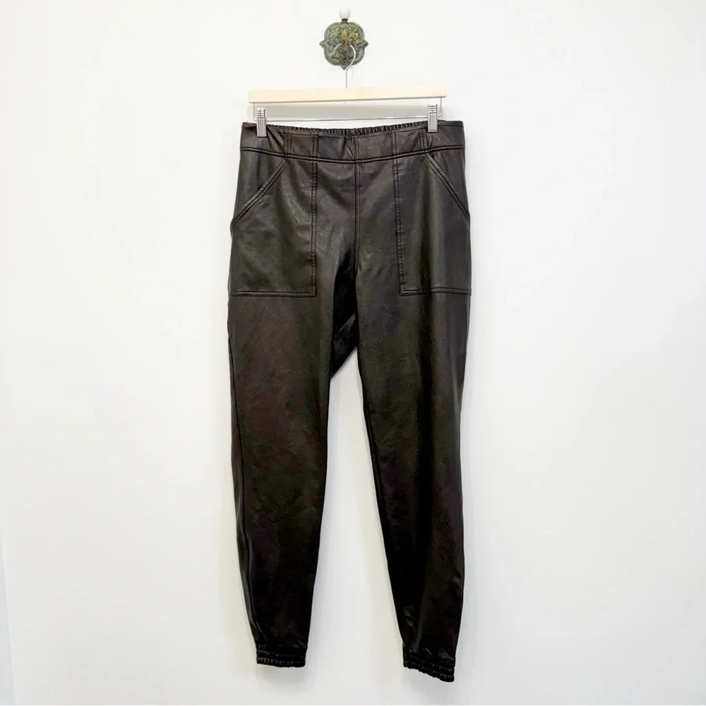 Spanx Black Faux Leather Like Joggers High Rise Pull On Women Size XL Shapewear